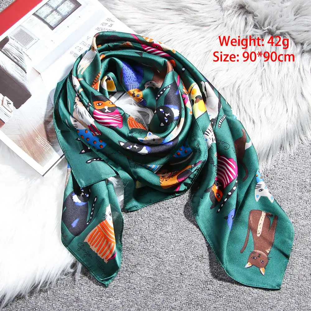 Милый роскошный атласный маленький квадратный шелковый шарф с принтом кота из