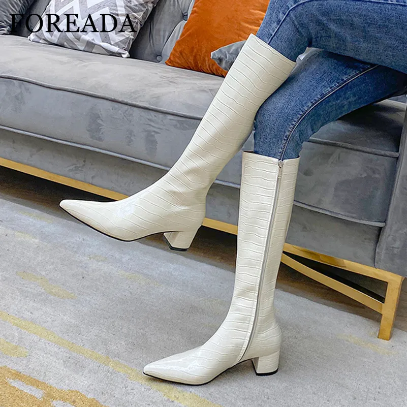 

FOREADA Pointed Toe Knee High Boots Med Heel Woman Boots Chunky Heel Shoes Zipper Ladies Long Boots Autumn Winter Beige Black