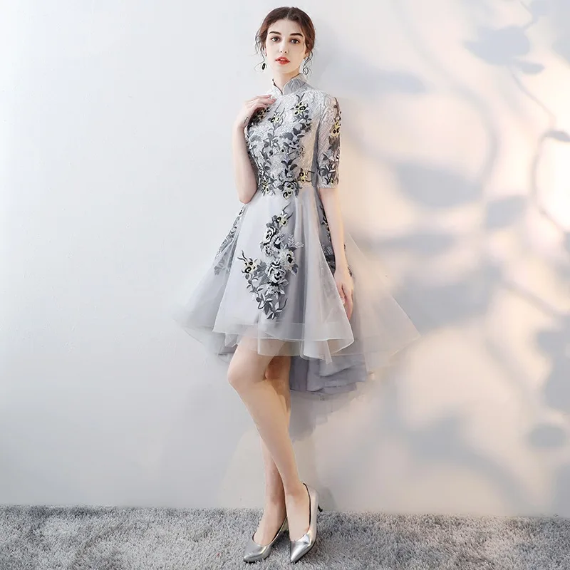 

Серое кружевное пикантное китайское платье-Ципао, ажурное женское вечернее банкетное платье с цветочной вышивкой, асимметричное платье