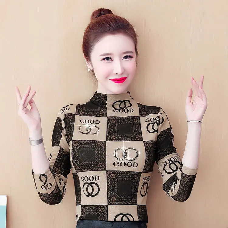 

Autumn and winter new women's wear base coat Long Sleeve retro high collar fashion foreign style show thin inside top