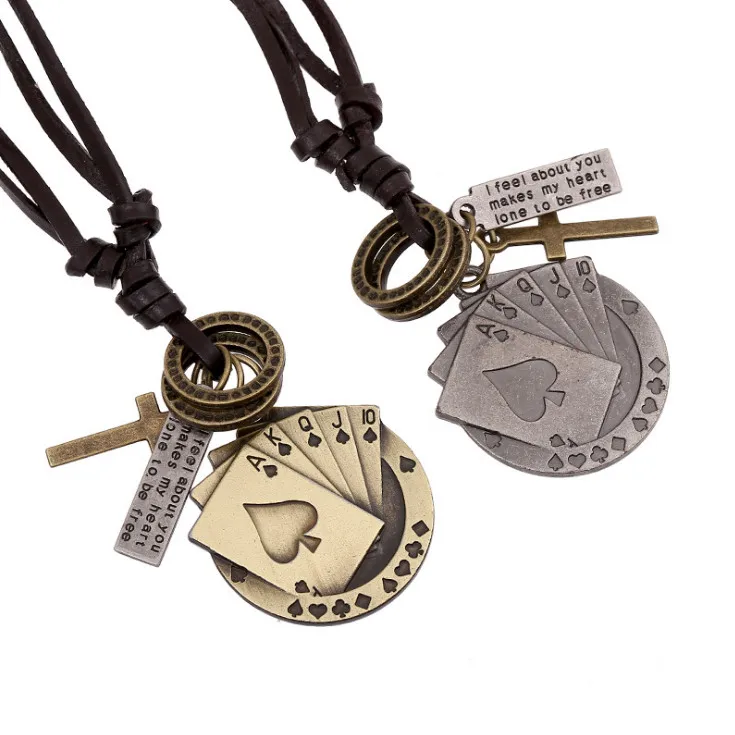 Punk Rock Hippie Mannen Ketting Lange Lederen Chain Lichtmetalen Poker Cirkel Hangers Vrouwen Verstelbare Cross Mode-sieraden Gift Punk Rock Hippie Mannen Ketting Lange Lederen Chain Lichtmetalen Poker Cirkel Hangers Vrouwen Verstelbare Cross Mode-sieraden Gift