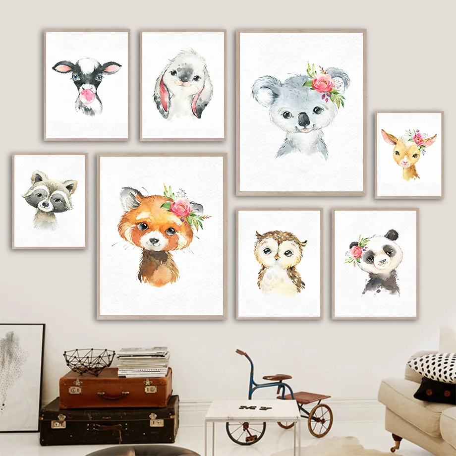 

Cow Bunny Raccoon Koala Fox Owl Panda Flower Wall Art Canvas Painting Nordic Posters And Prints Wall Pictures Kids Room Decor