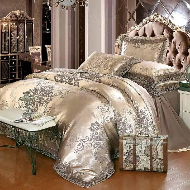 

Luxury Jacquard Bedding Set King Queen Size J/6pcs Bed Linen Silk Cotton Duvet Cover Lace Satin Bed Sheet Set Pillowcases