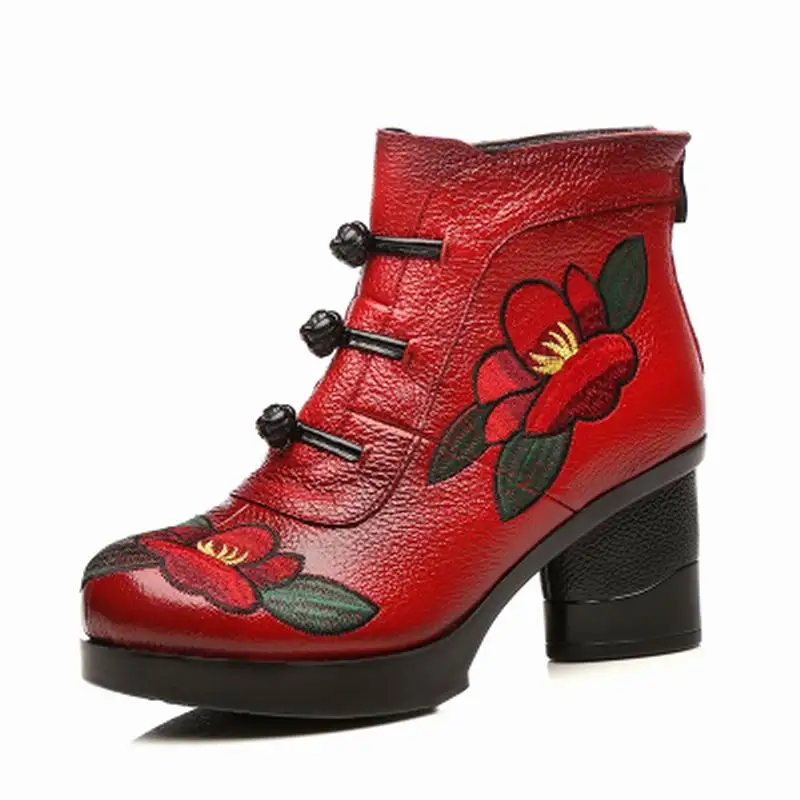 

Floral Ankle Boots For Women Autumn Winter Genuine Leather Women's Boots Retro Handmade Comfortable Shoes High Heels