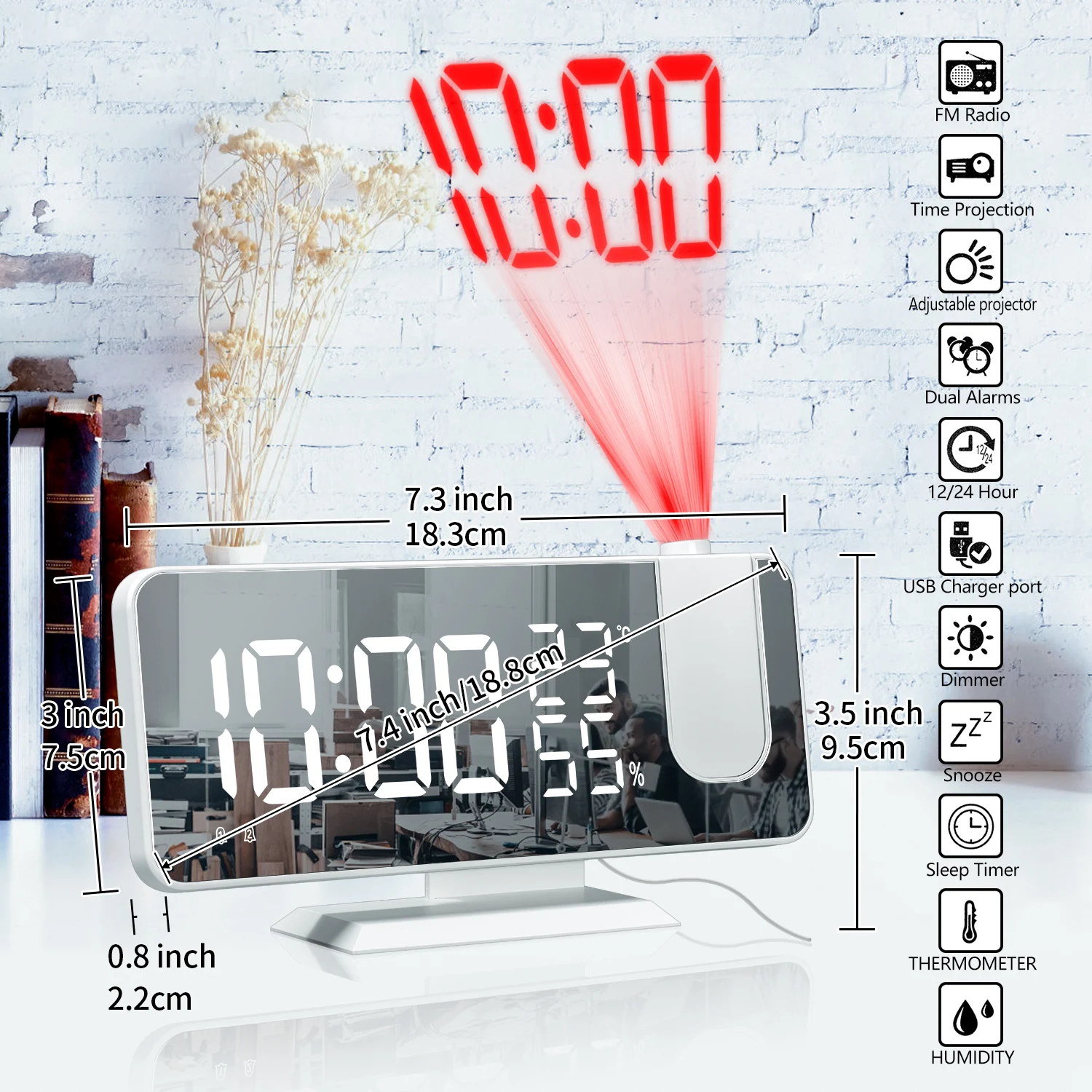 

LED Digital Alarm Clock Electronic Hygrometer and Thermometer FM Radio Wake Up Time Projector Snooze Function Table Desktop