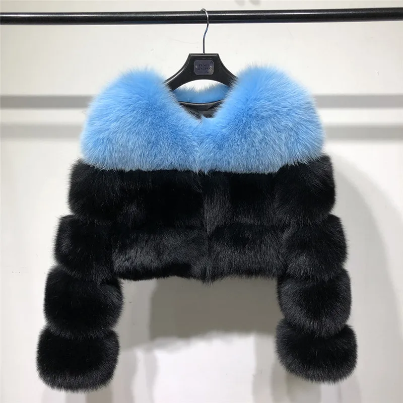 Fashion Short V-Neck Natural Fox Fur Coats For Women Winter Luxury Color Stitching Real Fox Fur Jacket Woman Outwear Fur Coat