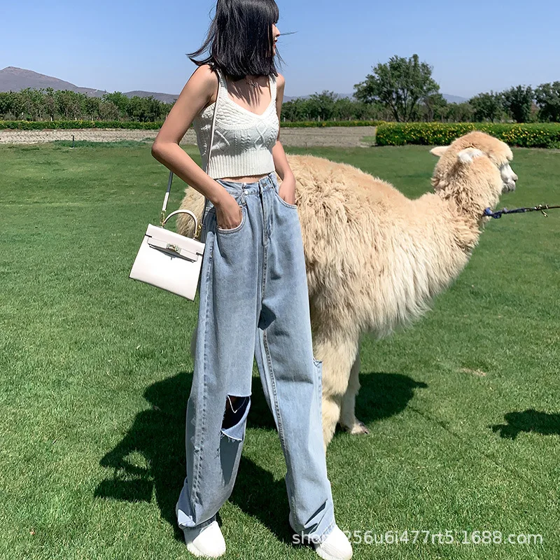 Женские джинсы с дырками широкие свободные брюки высокой талией тонкие модные