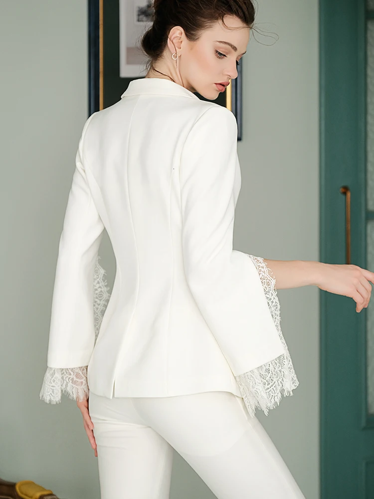 

Luxury For Women High Quality Lace Blazer Suit Jacket Pencil Pants Trousers 2 Two Piece Set Office Lady Work Pantsuit