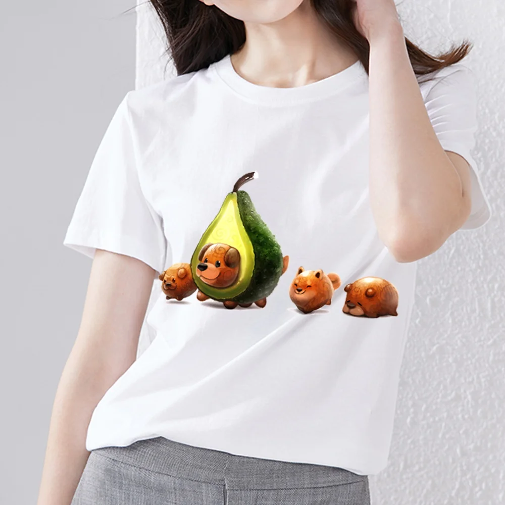 

Summer Women's Sweet Casual T-shirt Simple Slim Commuter T-shirt Anime White Top Cartoon Cute Happy Avocado Print Short Sleeve