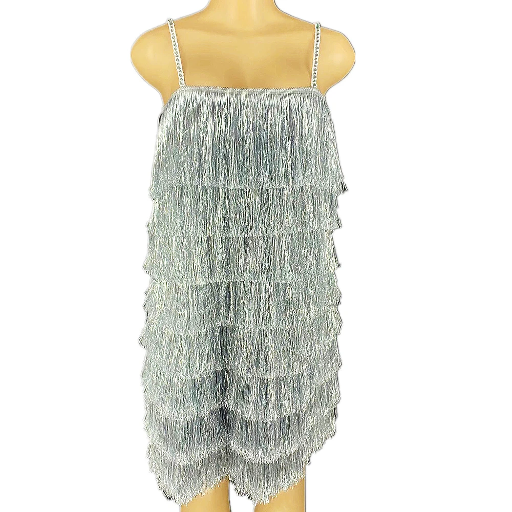 

Silver Fringe Cupcake Suspender Dresses Sexy Ladies Nightclub Performance Clothing Club Costume For Women Performance Suit
