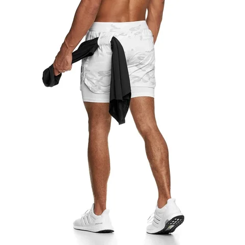 Камуфляжные шорты для бега для мужчин 2 в 1, двухслойные спортивные шорты «Фитнес», спортивные шорты для бега, спортивные шорты без полотенец, 2020