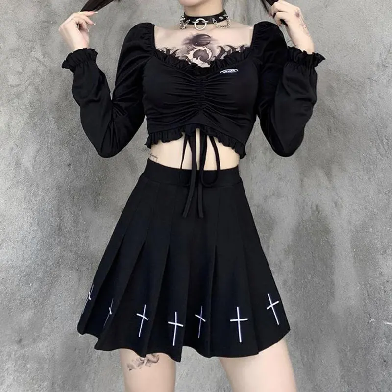 Женская юбка с высокой талией черная в готическом стиле Харадзюку Y2k|Женские