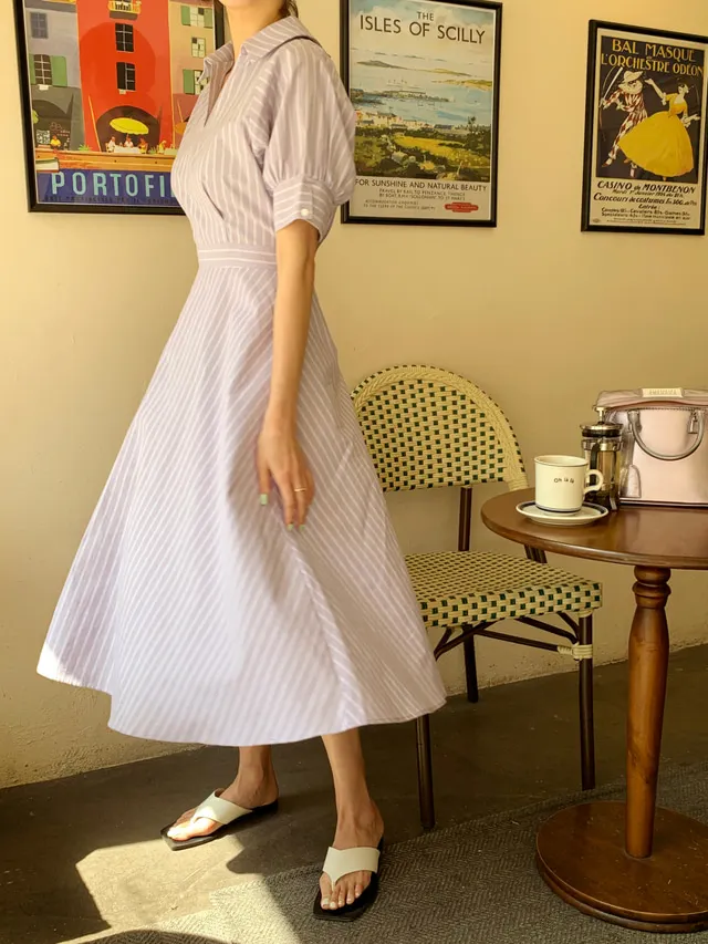 

Korejpaa Women Dress 2021 Summer Korean Chic Temperament Gentle Purple Striped Lapel High Waist Puff Sleeve Slim Fit Vestidos
