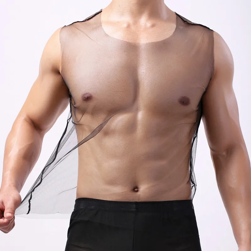 

New Arrival Men s Vest Gauze Transparent Sexy Summer Tank Tops Loose Interest Wide Shoulder Racer Vest Sleeveless Tees