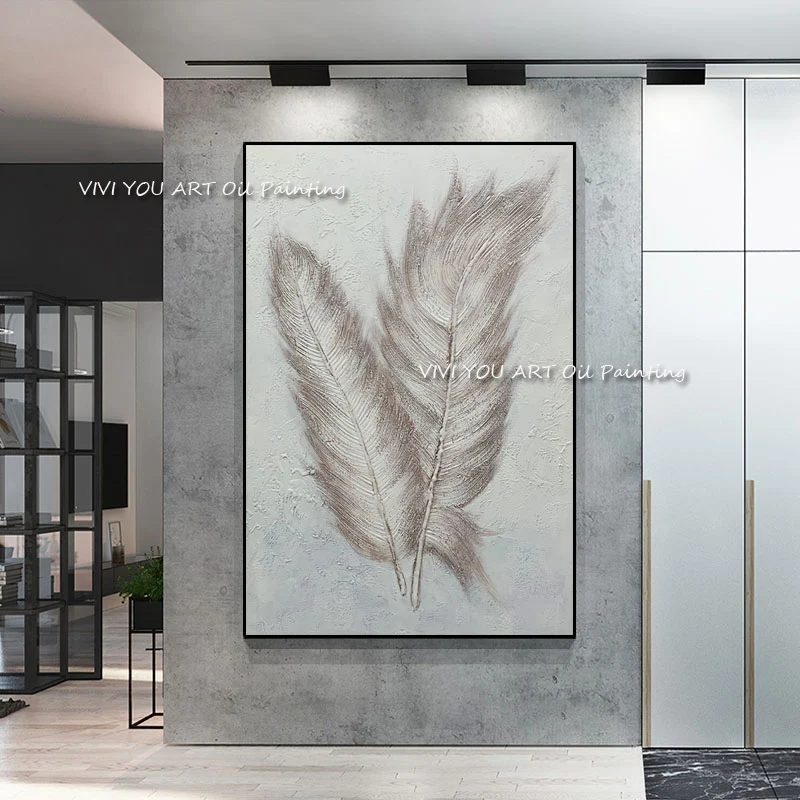 

Top Modern Handmade Abstract Feather Oil Painting On Canvas Nordic Poster Wall Art Picture For Living Room Home Decor Frameless