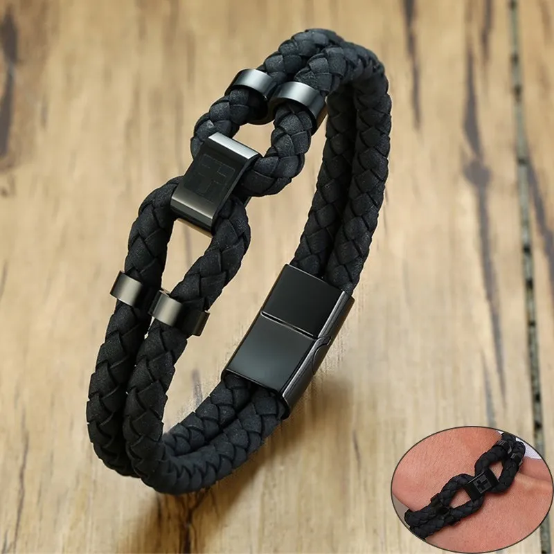 Мужские браслеты из натуральной кожи Vnox черные нержавеющей стали с крестом и
