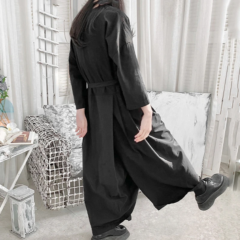 

[EAM] Loose Fit Women Black Big Size Irregular Jumpsuit New High Waist Pocket Stitch Pants Fashion Spring Autumn 2021 1DD6831