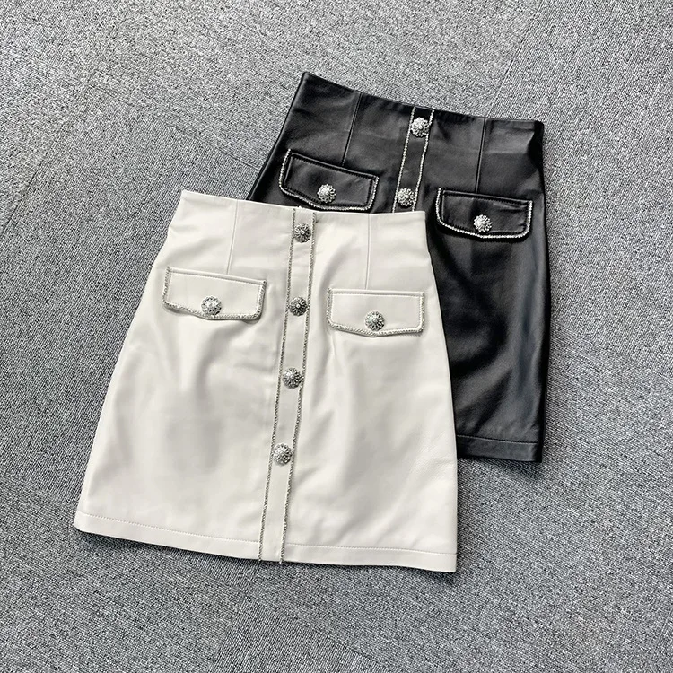 

Autumn Winter 2021 New Designer Women's High-rise Leather Skirts High quality Genuine leather crystal Butons A-line Skirts A806