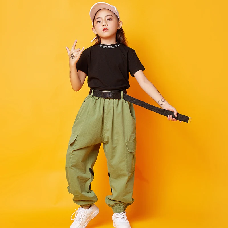 Children Jazz Dance Costumes Kids Black Tops Green Pants Outfit Hip Hop Clothing For Girls Street Dance Performance Wear SL1972