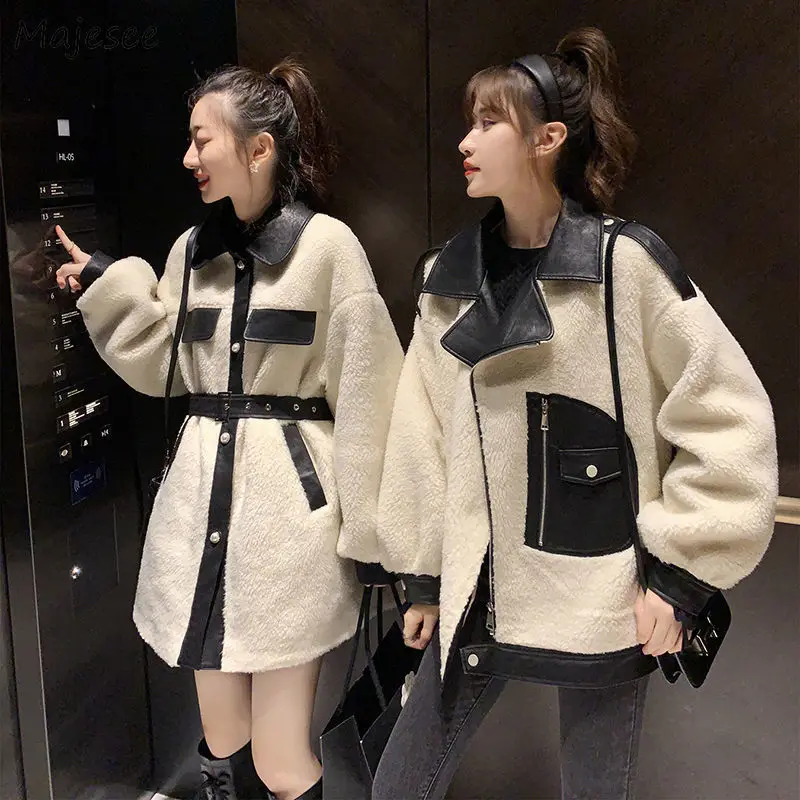 

Blends Women Autumn Warm Loose Design Casual College Outwear Elegant Lady Harajuku Korean Style Chic All-match Patchwork Pocket