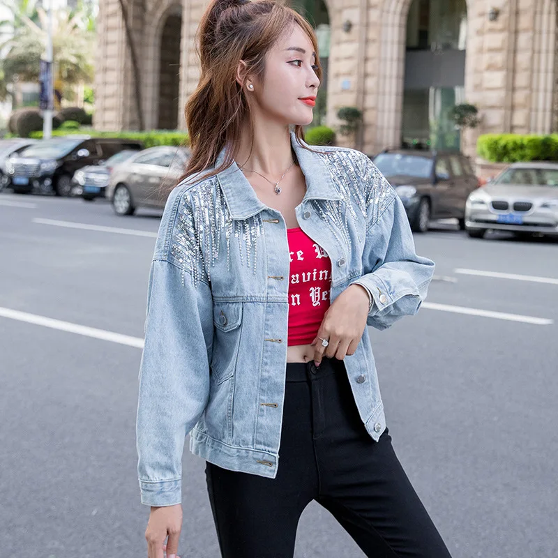 

Solid jean jacket spring autumn oversized loose women's denim jacket sequins outwear short streetwear hip hop denim coat women