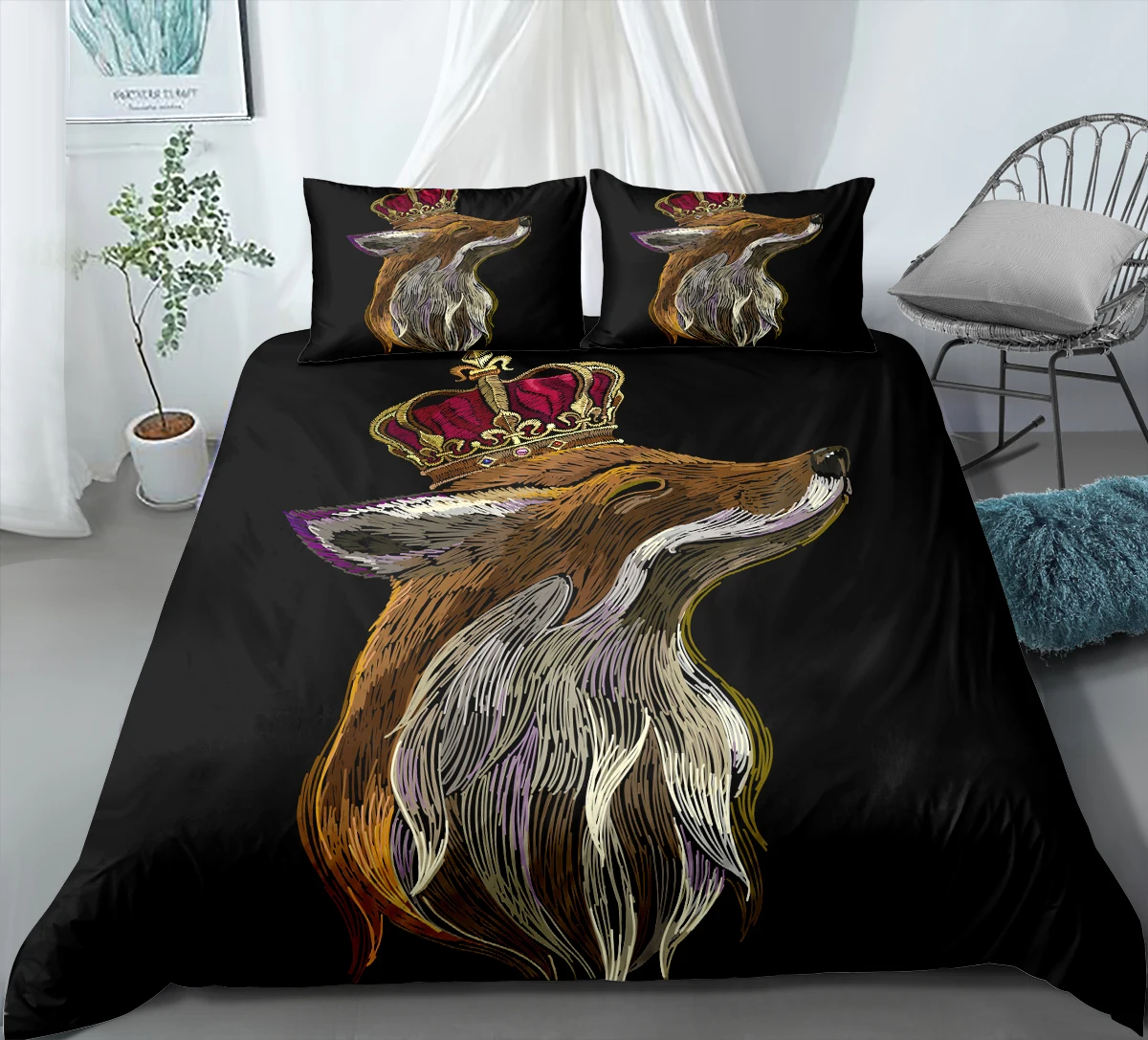 Комплект постельного белья из 2/3 предметов с принтом короны и льва|Комплекты