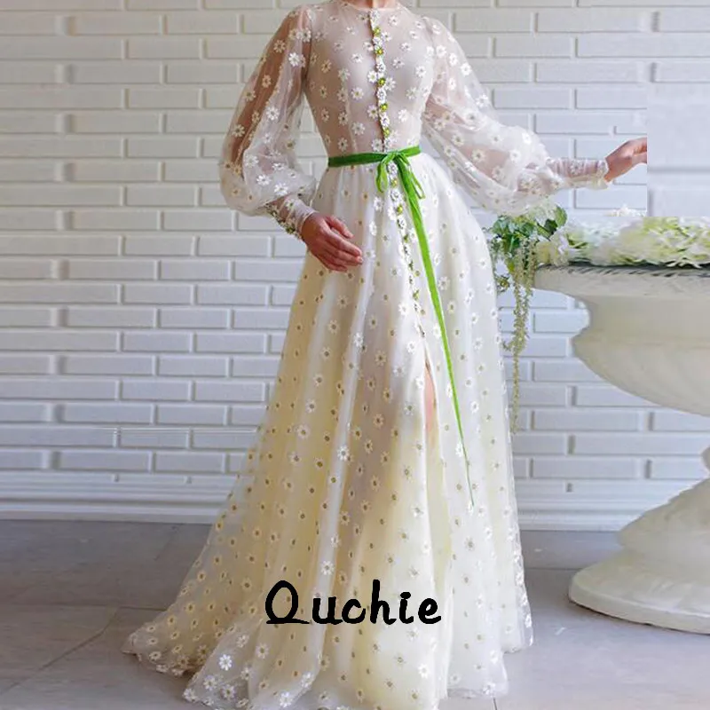 

Ivory Slit Illusion Puff Sleeves Evening Dresses Belt Special Occasion robe soiree Islamic Dubai Kaftan Saudi Arabic Prom