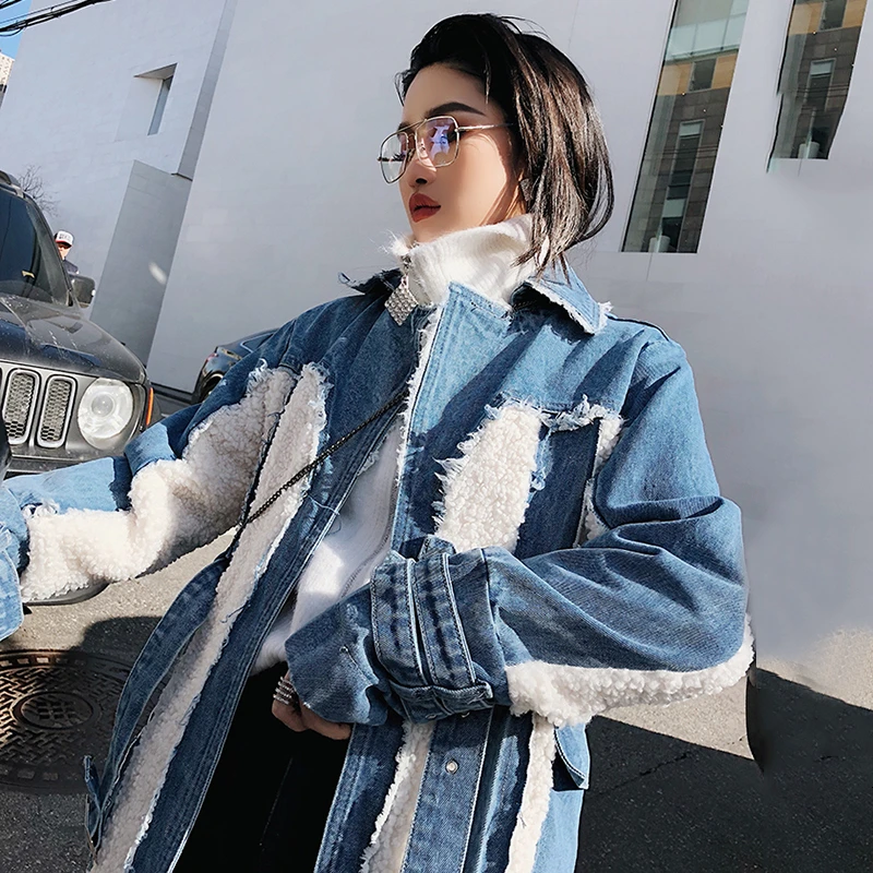 TWOTWINSTYLE Hit Color Patchwork Denim Tassel Trench Coats For Women Lapel Collar High Waist Sashes Windbreakers Autumn New