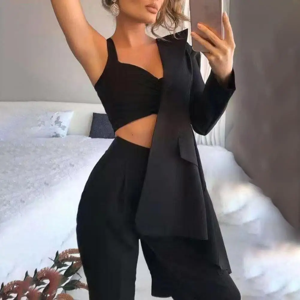 

3Pcs/Set Suits Zippers Sling Women Breathable Turndown Collar Suit for Office Black S-3XL Women Clothing 4 Colors 2021