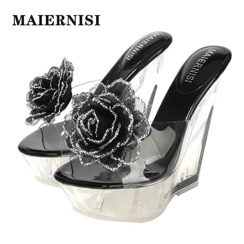 Тапочки женские на танкетке из ПВХ прозрачные туфли лодочки высокий каблук 14 см