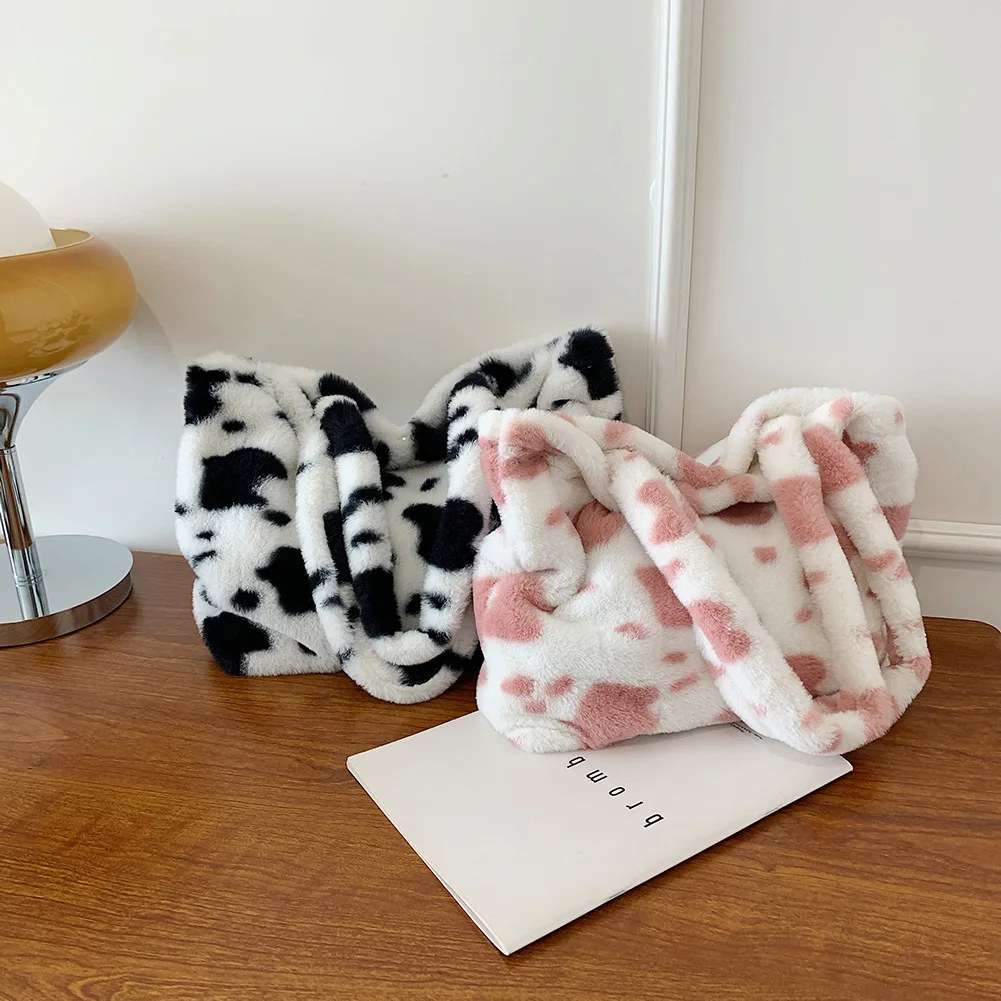

Fashion Bolsas Feminina Soft Cow Pattern Print Designed Shoulder Tote Female Casual Plush Underarm Bag Large Capacity Handbags
