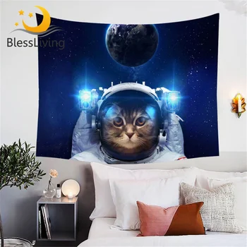 BlessLiving Funny Space Cat Tapestry Astronaut Pet Tapestries Blue Galaxy Decorative Wall Hanging for Kids Room Universe Sheets 1