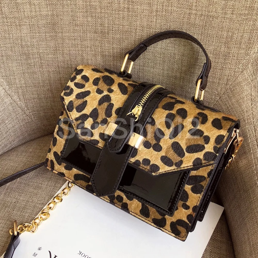 

Bags Crossbody Leopard For Women with Zipper Decoration Ladies Chain Handbags And Purses Patent leather Small Shoulder Bag
