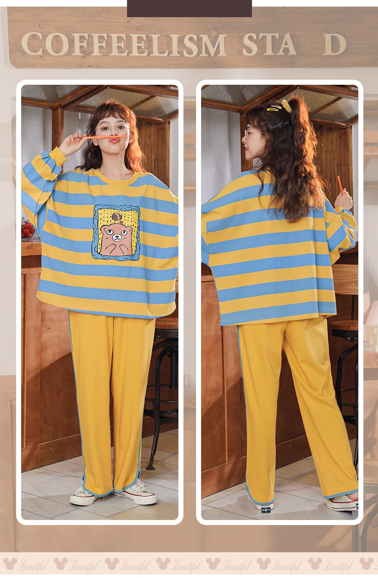 Одежда для сна женская из хлопка в полоску с мультяшным принтом | Женская одежда