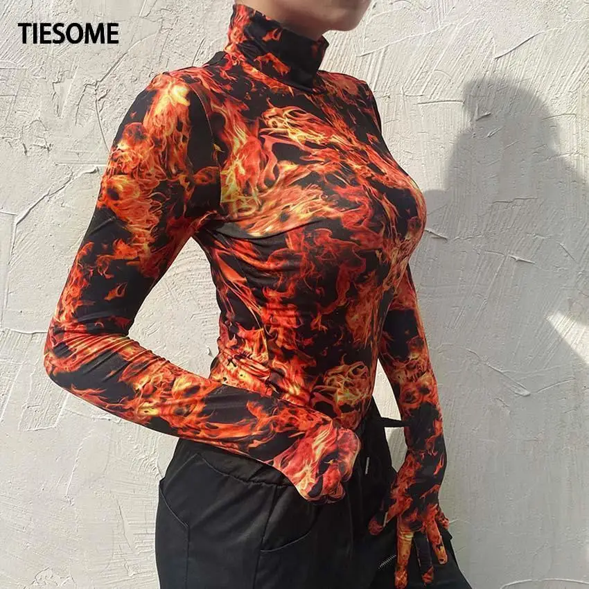 TIESOME 2020 Новинка с принтом пламени тонкие водолазки перчатки цельный Топ пальто