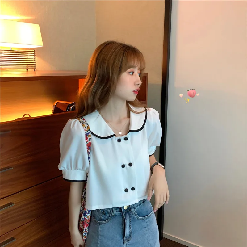 

Shirts Women Double Breasted Designer Summer Ins Shirt Womens Sweet Chic Fashion Casual Loose Short Tops Female All-match Daily