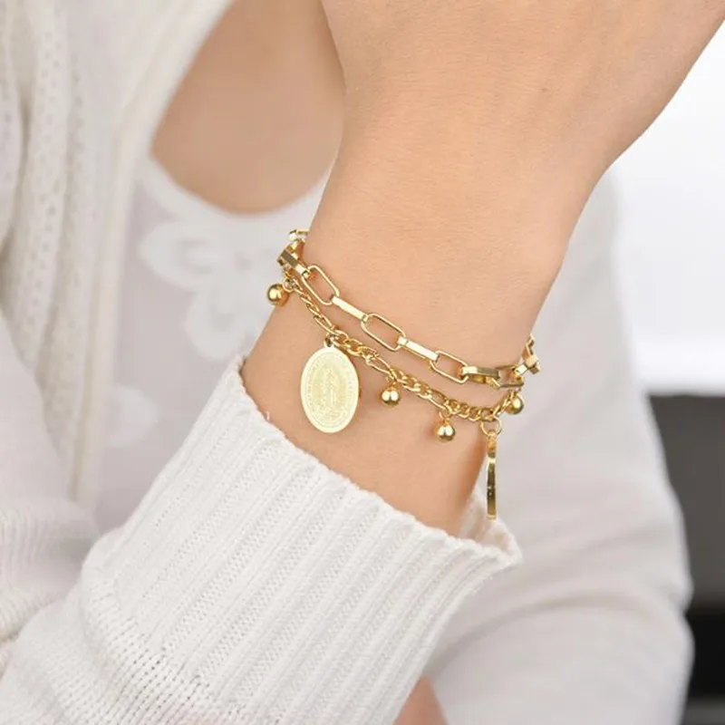 Charms Christian Jewelry The Virgin Mary Gold Color Bead Stainless Steel Bracelets for Women Gift | Украшения и аксессуары