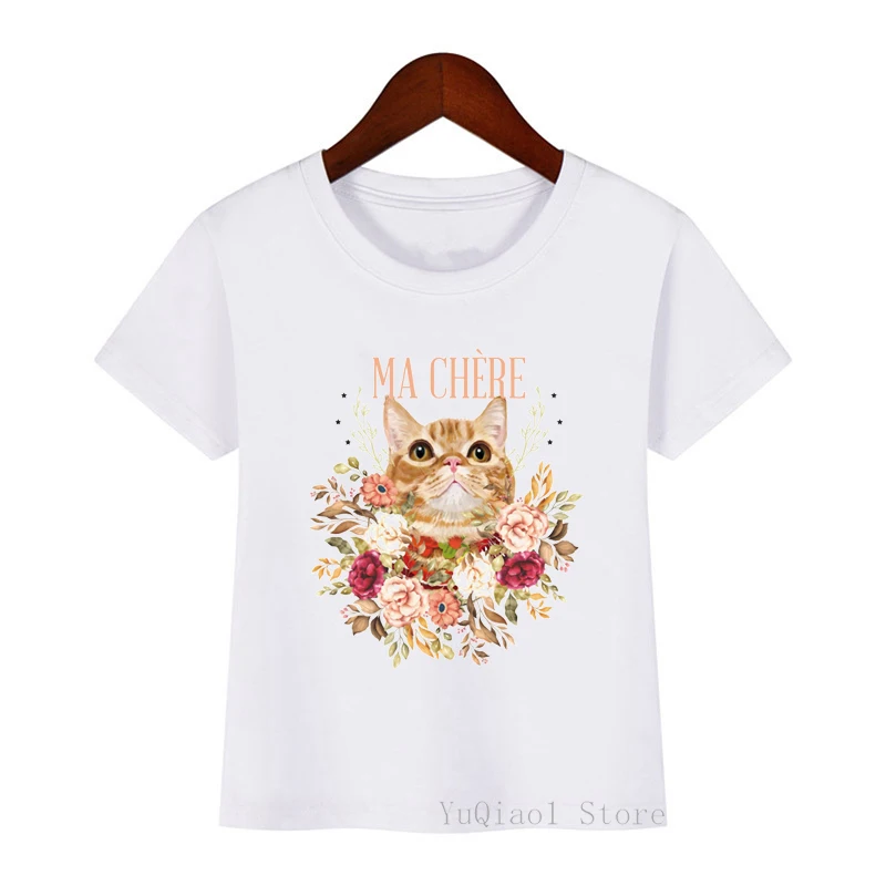 

ma chere flower cat print kids tshirt vintage children's graphic tees clothes summer top baby boys girls t-shirt white tshirt