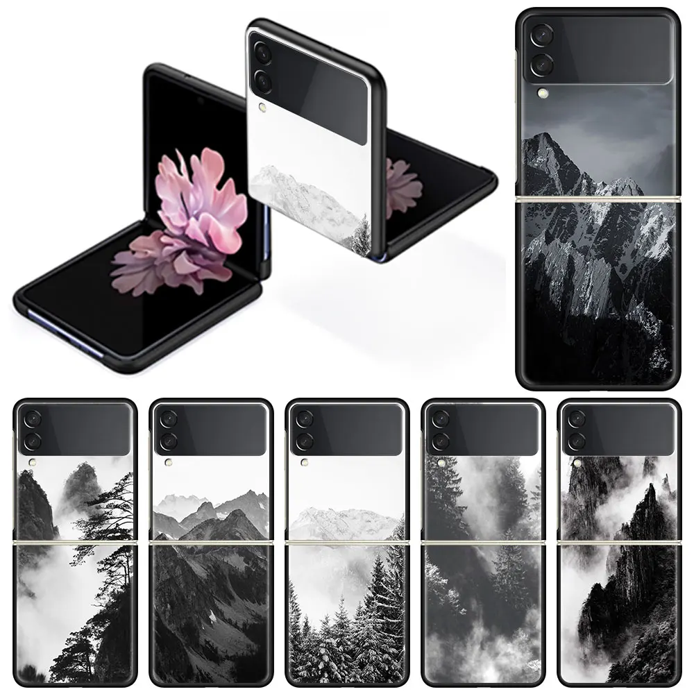 

Fold Case for Samsung Galaxy Z Flip 3 Hard Silicone Pc Phone Cover Luxury Funda Shockproof Coque Black White Mountain Tree
