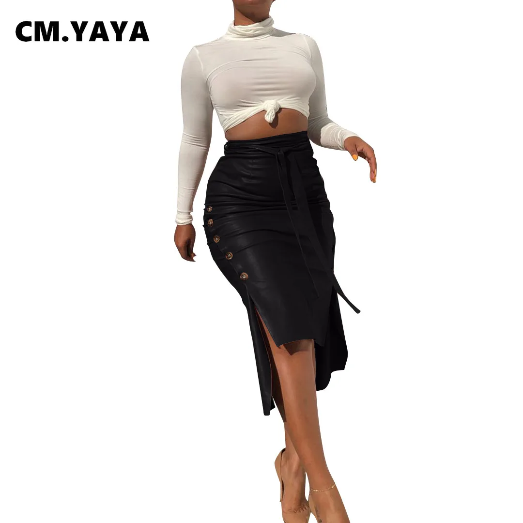 CM.YAYA Women High Waist Faux Leather Skirts Night Club Street Vintage Bodycon Midi Button Slit Side Party Bandage Skirt | Женская