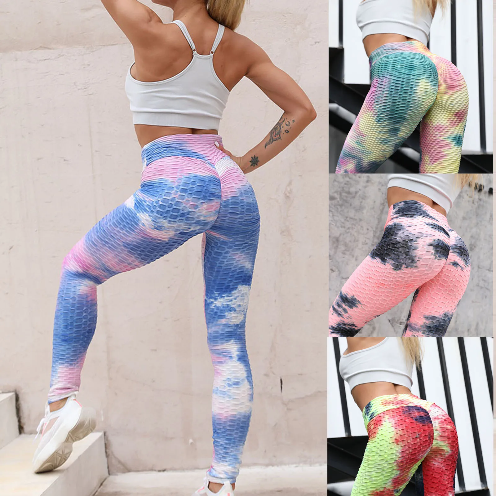 

Леггинсы Tie Dye, спортивные женские пикантные штаны для фитнеса и йоги с высокой талией, красочные спортивные колготки, одежда для бега, трени...