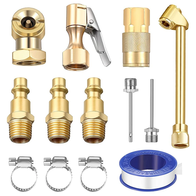 

13 Pieces Brass Air Chuck Set Compressor Inflation Kit with 1/4 Inch Closed Ball Air Chuck for Inflator Gauge Compressor