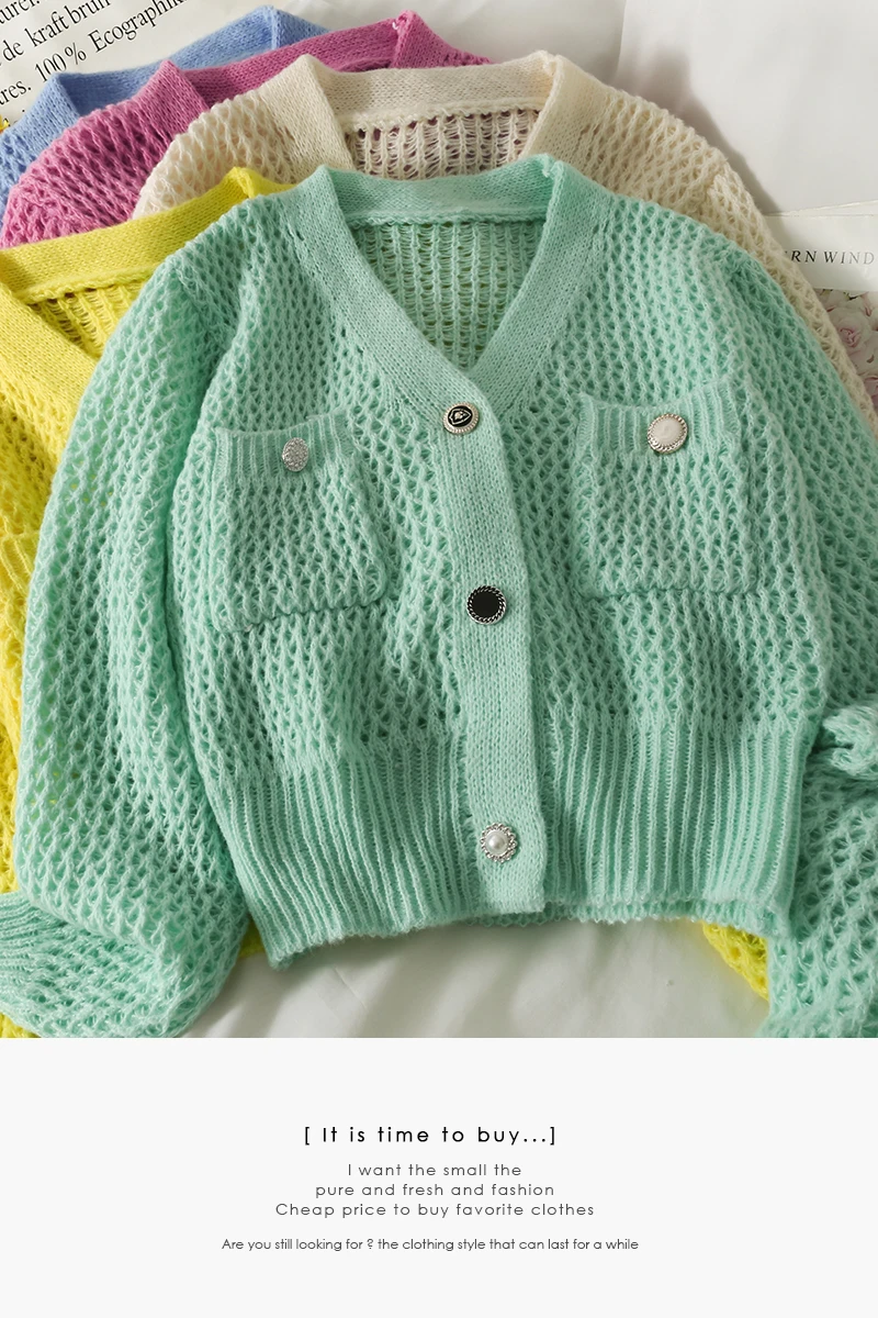 

Women's Sweater 21 New Hollow out See-through Lightweight Long-Sleeved Sweater V-neck Single Breasted Cardigan All-Matching Top