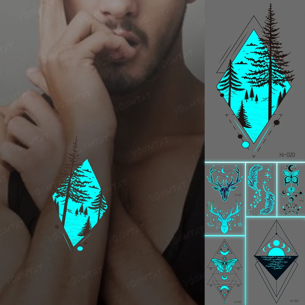 

Luminous Stickers Neck Tattoo Temporary Glitter Tattoo Kids Linear Geometric Forest Rhombus Small Mini Fake Tato Green Blue Glow