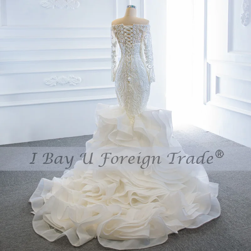 Off Shoulder Long Sleeve Mermaid Bridal Gown Special Design Lace Full Beading Wedding Dress African Bride Dress Woman 2020 New