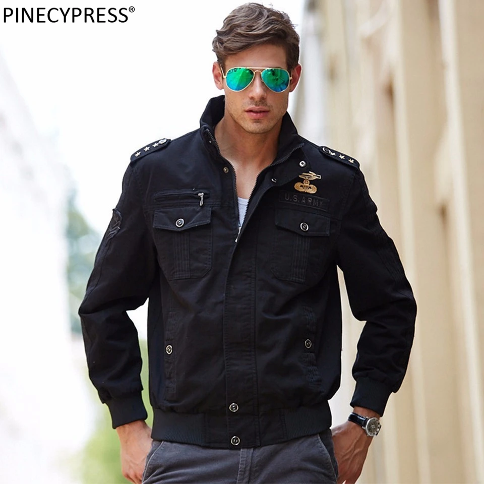 

Men Jacket 98% Cotton 2% Polyester Zipper Pockets Casual Military Amy Green Khaki Black Spring Autumn Male Quality Man Outwear