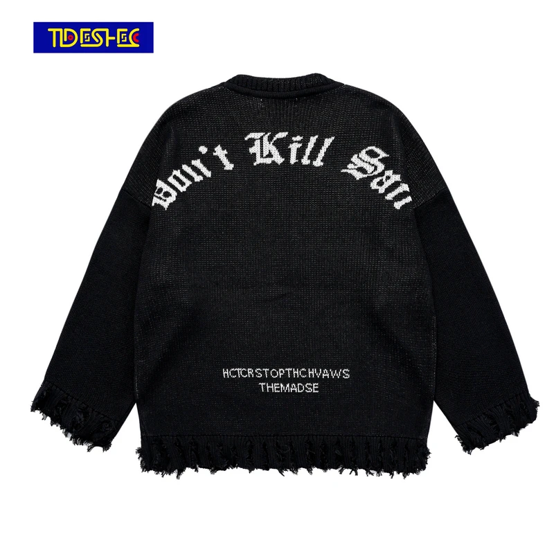 

Embroidered Letter Knitted Sweater Hip Hop Streetwear Harajuku Pullover 2021 Men Autumn Cotton Casual Sweater Black Pullover