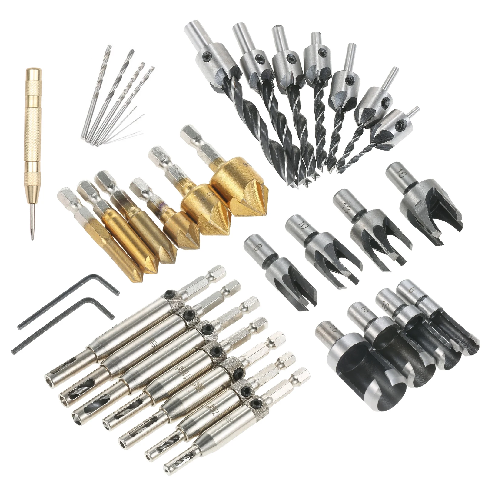 

39Pcs Woodworking Chamfer Drilling Tools Set Including 8Pcs Wood Plug Cutter + 6Pcs 1/4 Inch Hex 5 Flute 90 Degree Countersink