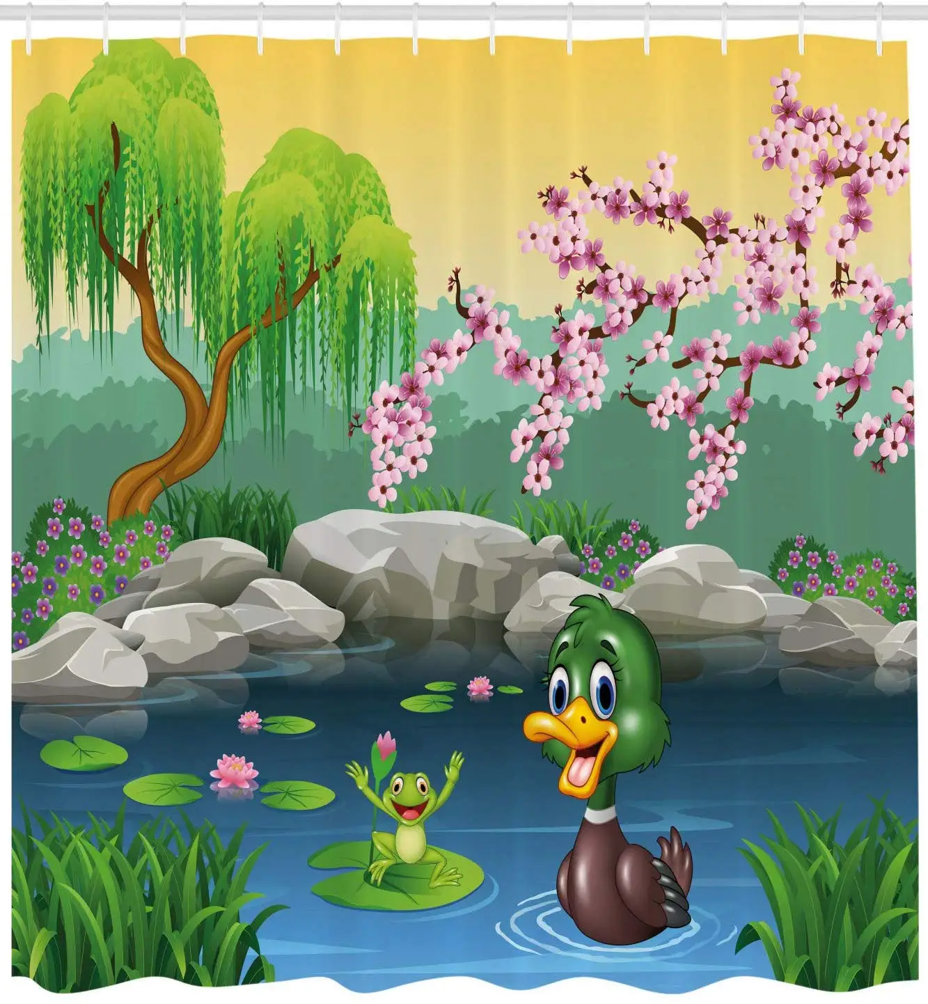 Мультяшная душевая занавеска векторные милые утки лягушки в озере пруд деревья