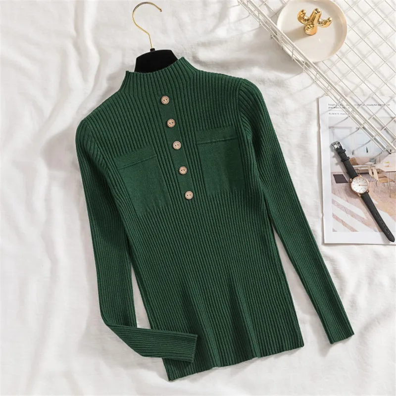 

New Winter Women Sweater 12 Colors Button Turtleneck Pullover Elastic Soft Knitted Sweater Ladies Sweater Casual Jumpers Tops